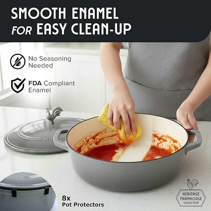 MUELLER HOME 5.5 Quart Enameled Cast Iron Oval Dutch Oven with Rooster Knob & Cotton Potholders, Heavy-Duty Cookware, Oven-Safe up to 500° F & Across All Cooktops, Gifts for Grandma & Women, Gray