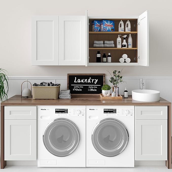 33 Inch Laundry Room Cabinets Wall Mounted, Solid Wood Over The Toilet Storage Cabinet, Bathroom Organizer Cabinets with 2 Shaker Door & Shelves, Easy to Assemble for Kitchen, Garage - White