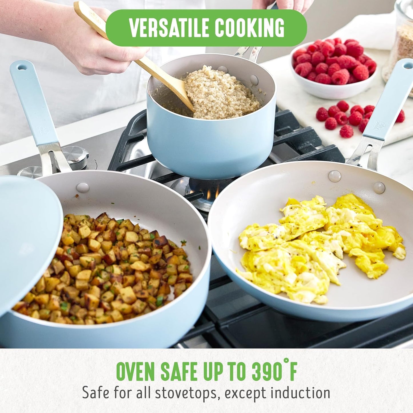 GreenLife 10-Piece Nonstick Ceramic Cookware Set, Lightweight Healthy PFAS-Free Pots & Pans with Lids, Dishwasher & Oven Safe, Durable Body, Silicone Stay-Cool Handles, Easy Release, Blue Haze - Culinary Roots