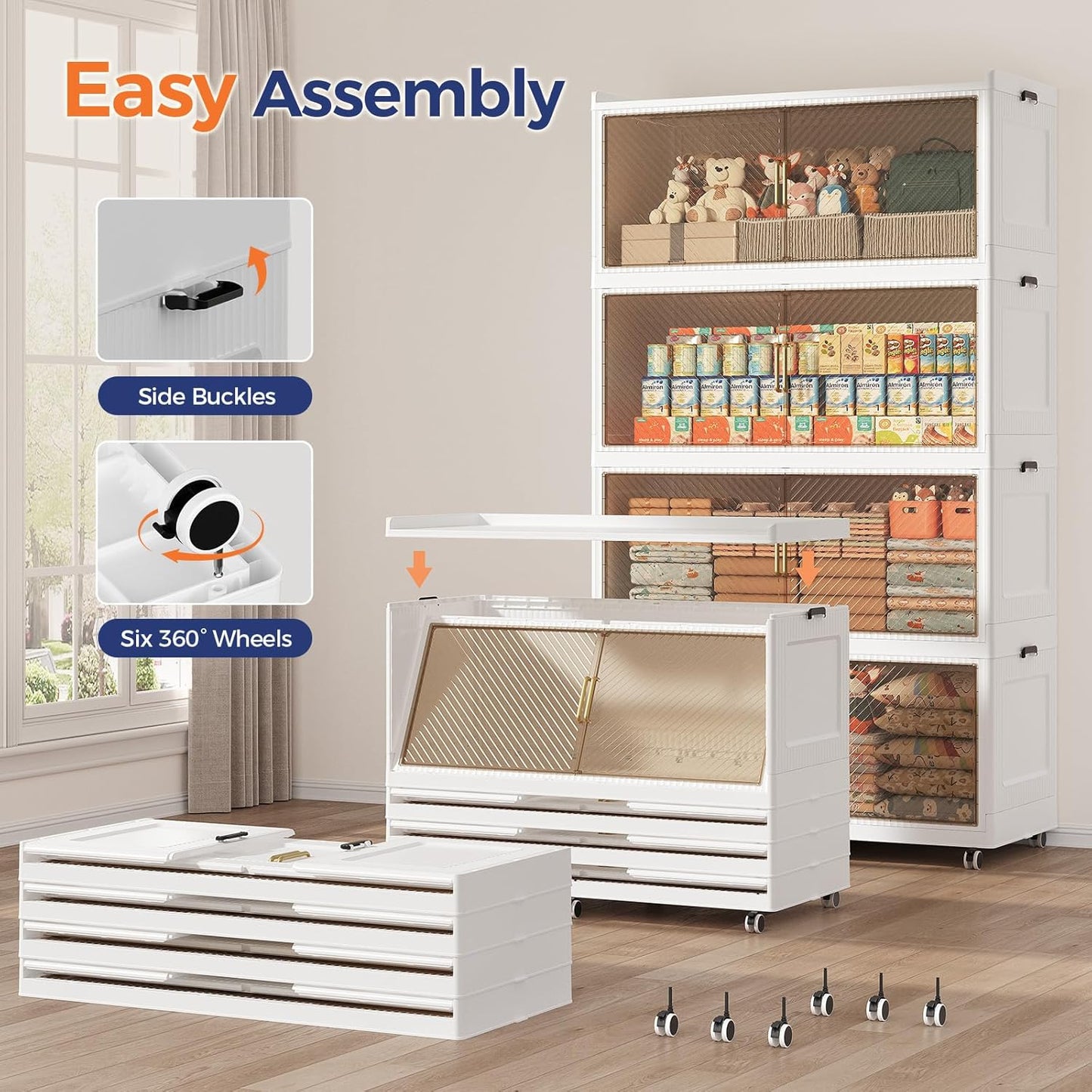 150GAL Extra Large Storage Bins with Lid, 600QT Plastic Stackable Storage Bins with 6x Wheels, Collapsible Closet Organizer and Storage Drawer Cabinet for Living Room Office Dorm, 3Pack White