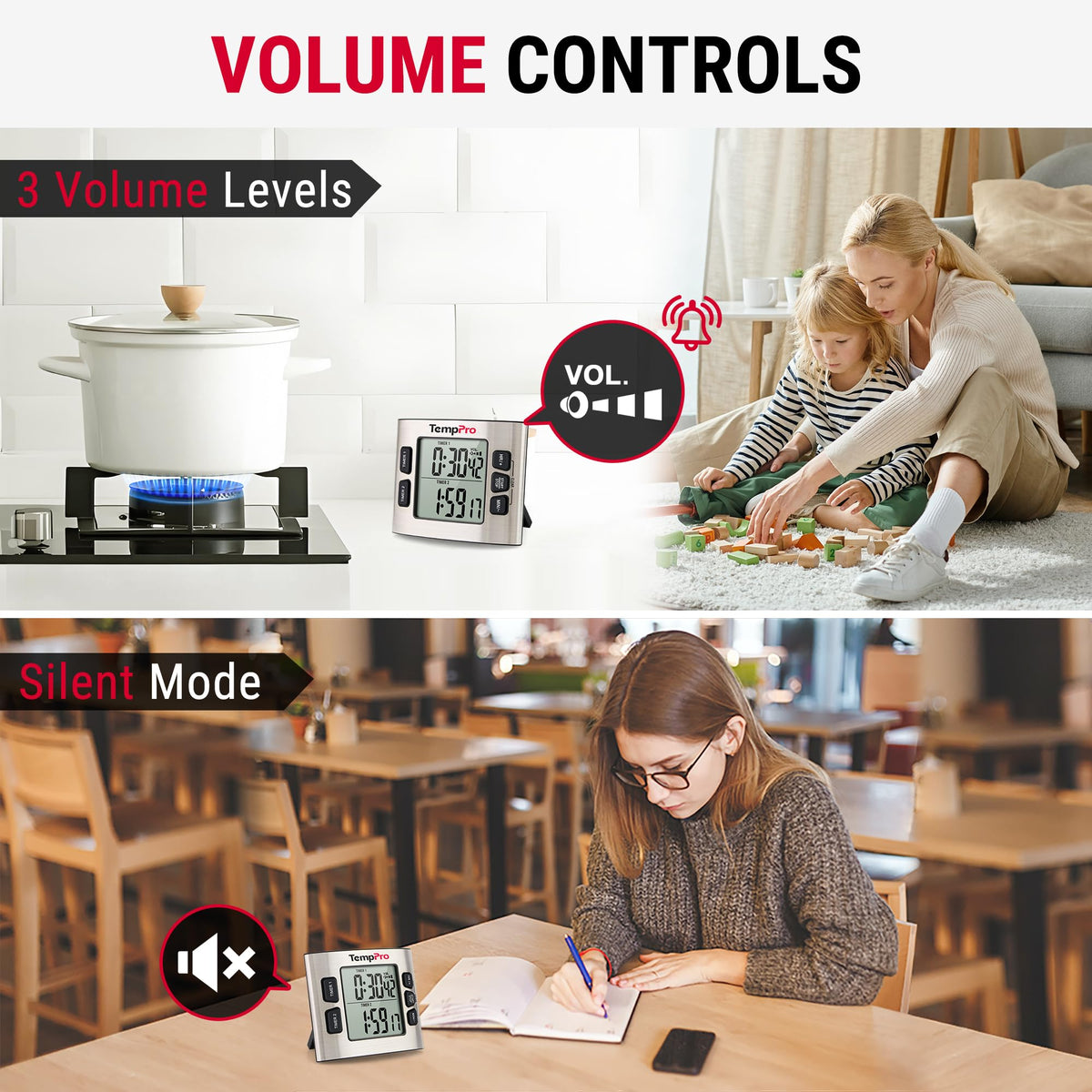 TM02 24H Kitchen Timer with Clock Mode & Dual Digital Timers