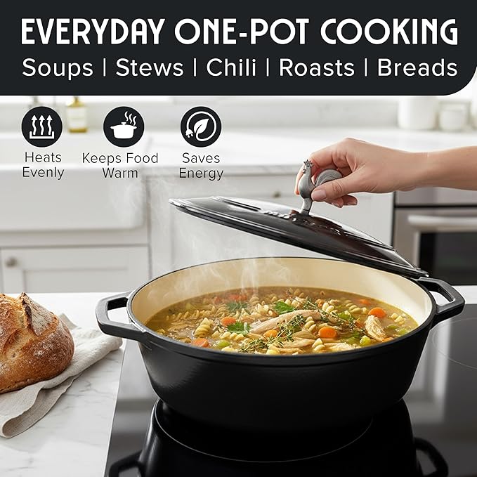 MUELLER HOME 5.5 Quart Enameled Cast Iron Oval Dutch Oven with Rooster Knob & Cotton Potholders, Heavy-Duty Cookware, Oven-Safe up to 500° F & Across All Cooktops, Gifts for Grandma & Women, Black