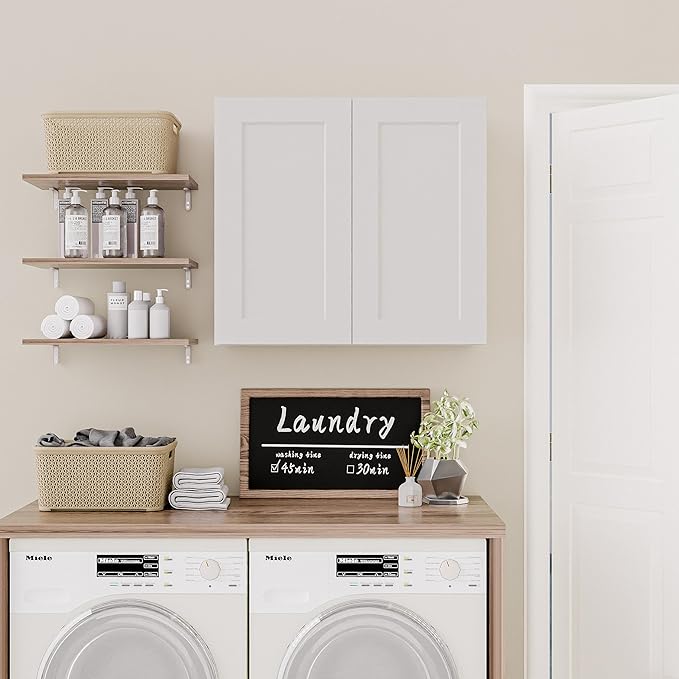 33 Inch Laundry Room Cabinets Wall Mounted, Solid Wood Over The Toilet Storage Cabinet, Bathroom Organizer Cabinets with 2 Shaker Door & Shelves, Easy to Assemble for Kitchen, Garage - White