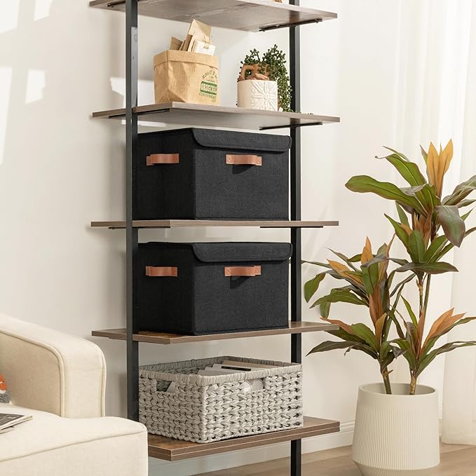 GRANNY SAYS Storage Bins with Lids, Decorative Storage Boxes with PU Handles, Black Storage Bin, Linen Closet Organizer, Shelf Baskets, Fabric Storage Bins for Clothes