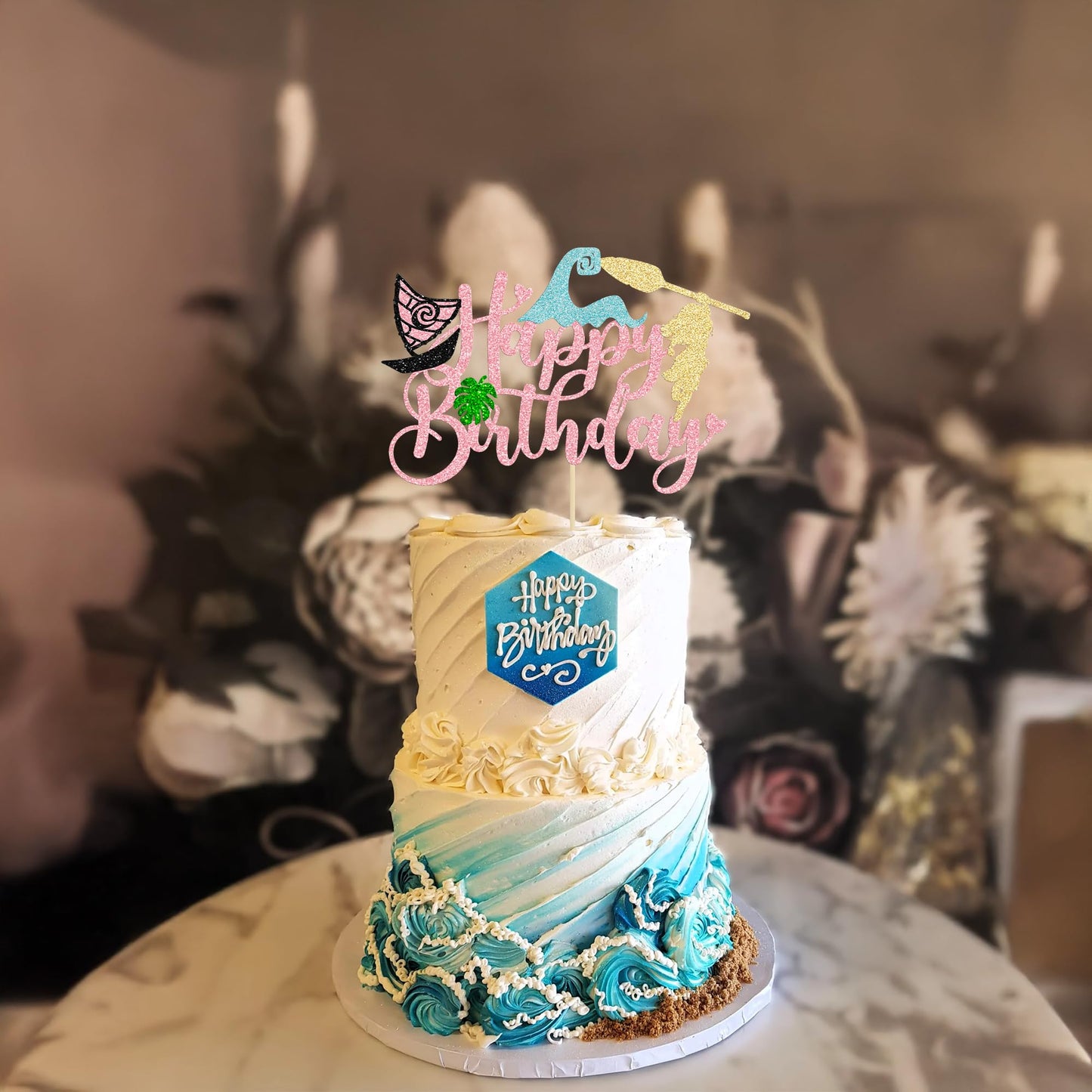 1Pcs Summer Cake Topper Glitter Tree Flower Happy Birthday Cake Pick Decoration for Tropical Hawaiian Luau Theme Baby Shower Kids Birthday Party Cake Decorations Supplies Pink