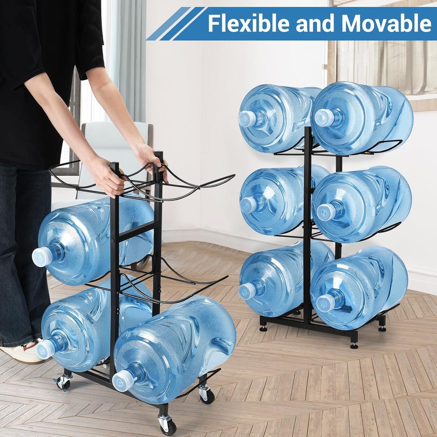 5 Gallon Water Jug Holder with 4 Wheels, Movable Heavy Duty Foldable Water Jug Stand 3-Tier 5 Gallon Water Bottle Holder Water Cooler Jug Storage Rack for 6 Bottles(Black) - Culinary Roots