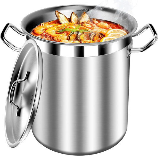 Extra-Large Stainless Steel Stock Pot – Commercial Heavy Duty Soup Pot with Lid, 3-Ply Base for Fast Heating, Ideal for Seafood Boils and Outdoor Cooking - 100 Quart - Culinary Roots
