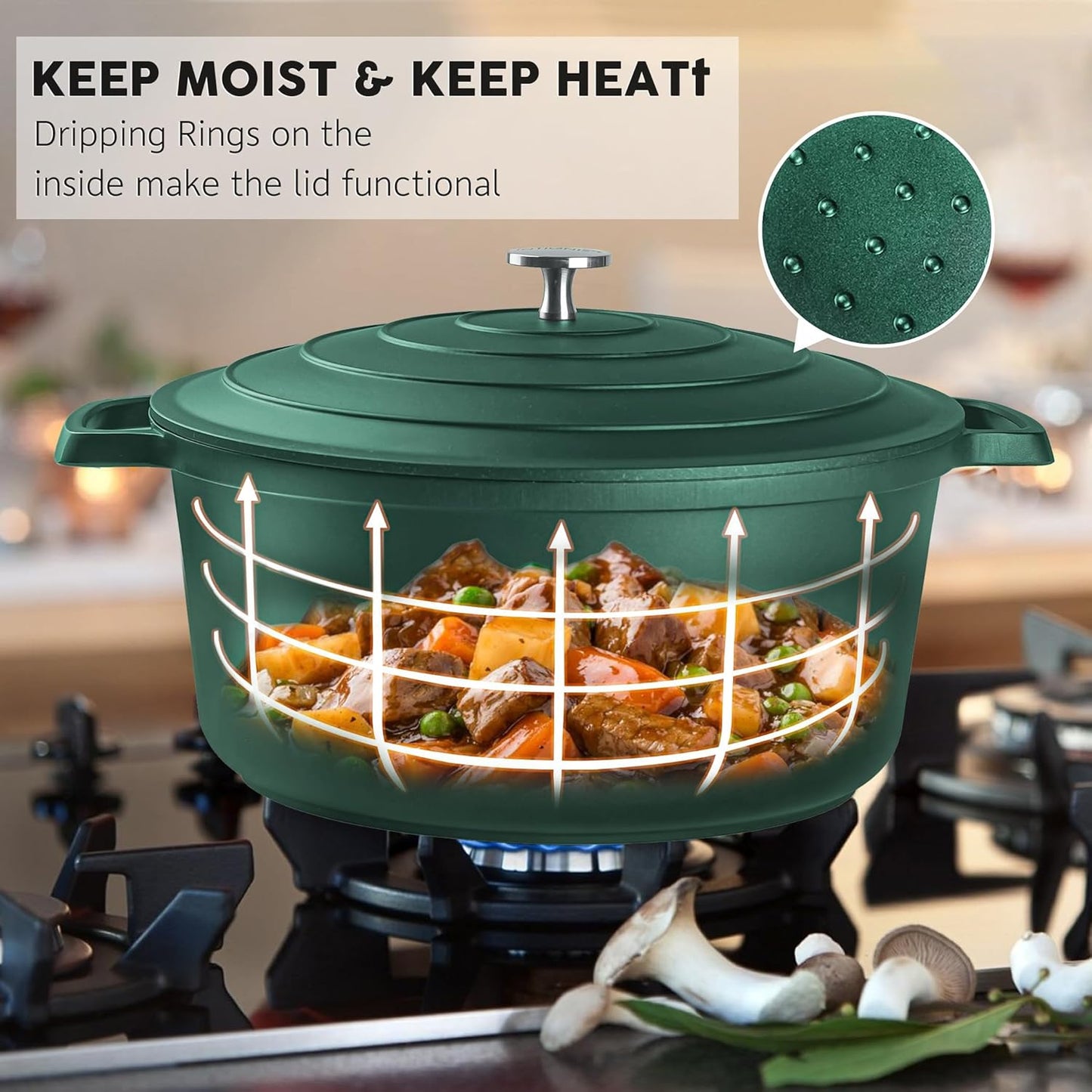 Large Dutch Oven Pot with Lid-7.5QT Cast Aluminum Oven Pot with Two Handles Lightweight for Bread Baking Braising and Roasting(Green) - Culinary Roots