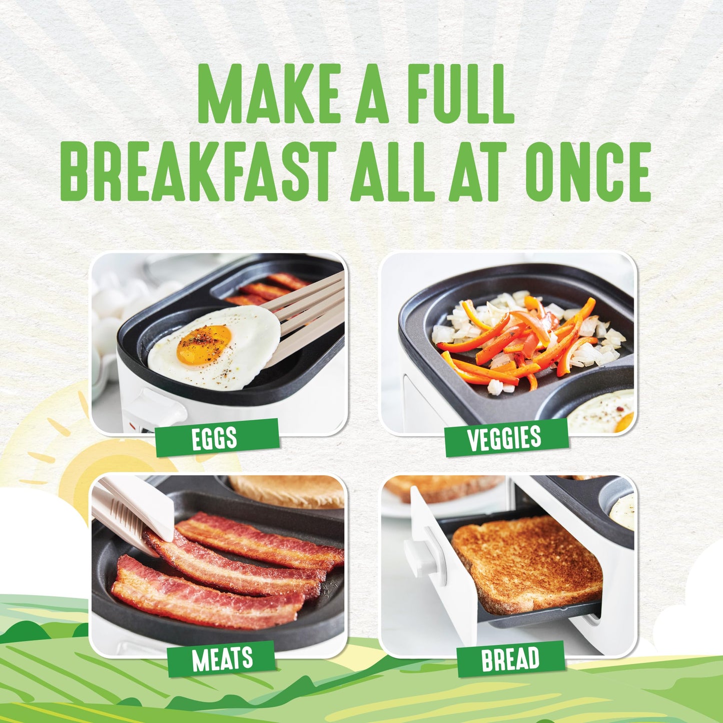 3-in-1 Breakfast Maker Station, Healthy Ceramic Nonstick Dual Griddles for Eggs Meat Sausage Bacon Pancakes and Breakfast Sandwiches, 2 Slice Toast Drawer, Easy-to-use Timer, White