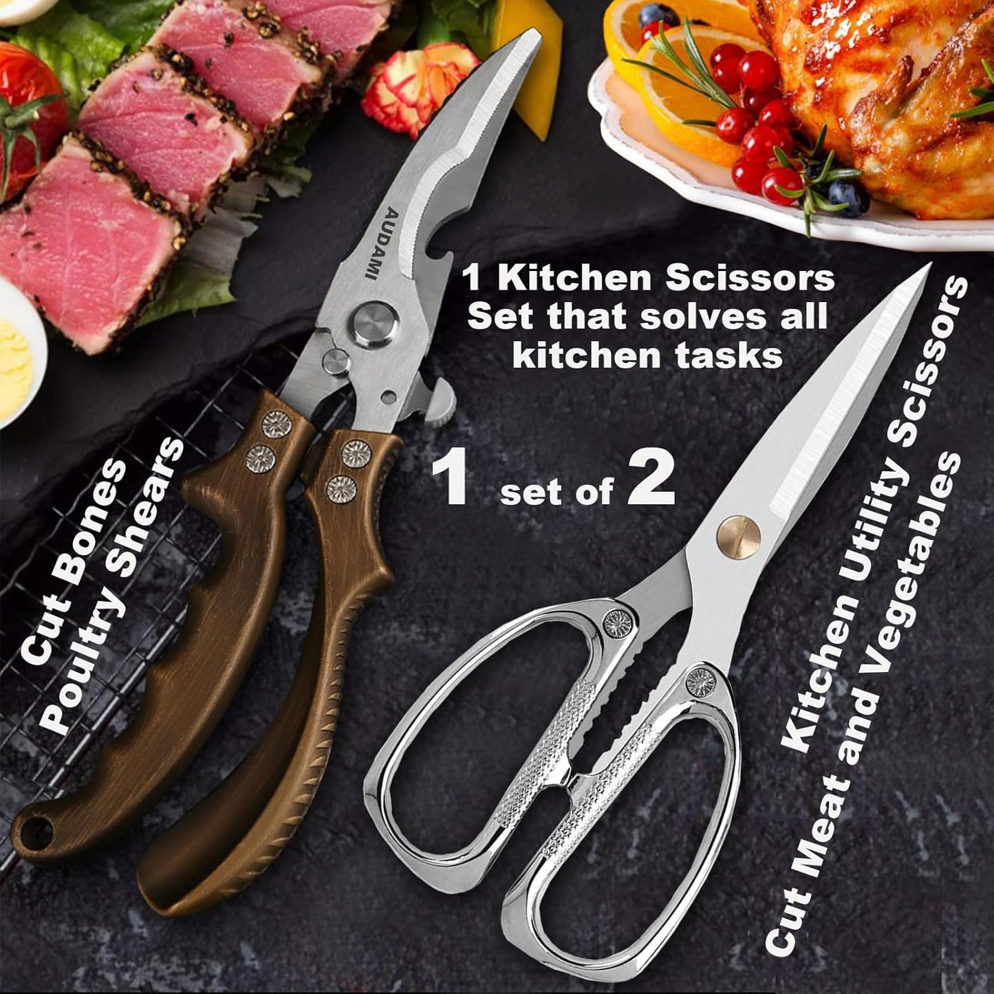 Kitchen scissors 2 Pack,Poultry Shears Heavy Duty Professional Stainless Steel Kitchen Shears,Utility Scissors Food Scissors for Turkey, Meat,Bone,Fish,Chicken,Vegetables,Herbs,BBQ - Culinary Roots