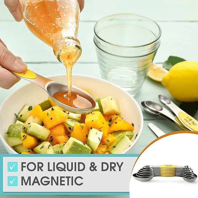 Spring Chef Yellow Stainless Steel Magnetic Measuring Spoons Set of 8 with Leveler, Dual Sided Metal Teaspoon & Tablespoon Measuring Spoons, Kitchen Gadgets for Baking & Cooking, Fits in Spice Jars