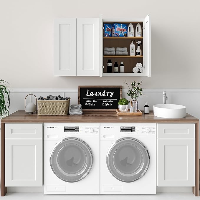 Solid Wood Laundry Room Wall Cabinets, 24 Inch Wide 12" Deep Large Hanging Storage Cabinets, RTA Medicine Organizer with 2 Shaker Doors, Easy Assembly for Kitchen, Bathroom - White