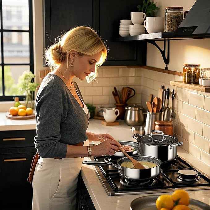 VONIKI Hybrid Tri-ply Stainless Steel Cookware Set, Pots And Pans Set Non Stick with Steamer Basket, Non Toxic Induction Cookware, Kitchen Cookware Sets PFOA & PTFE Free, Dishwasher and Oven Safe