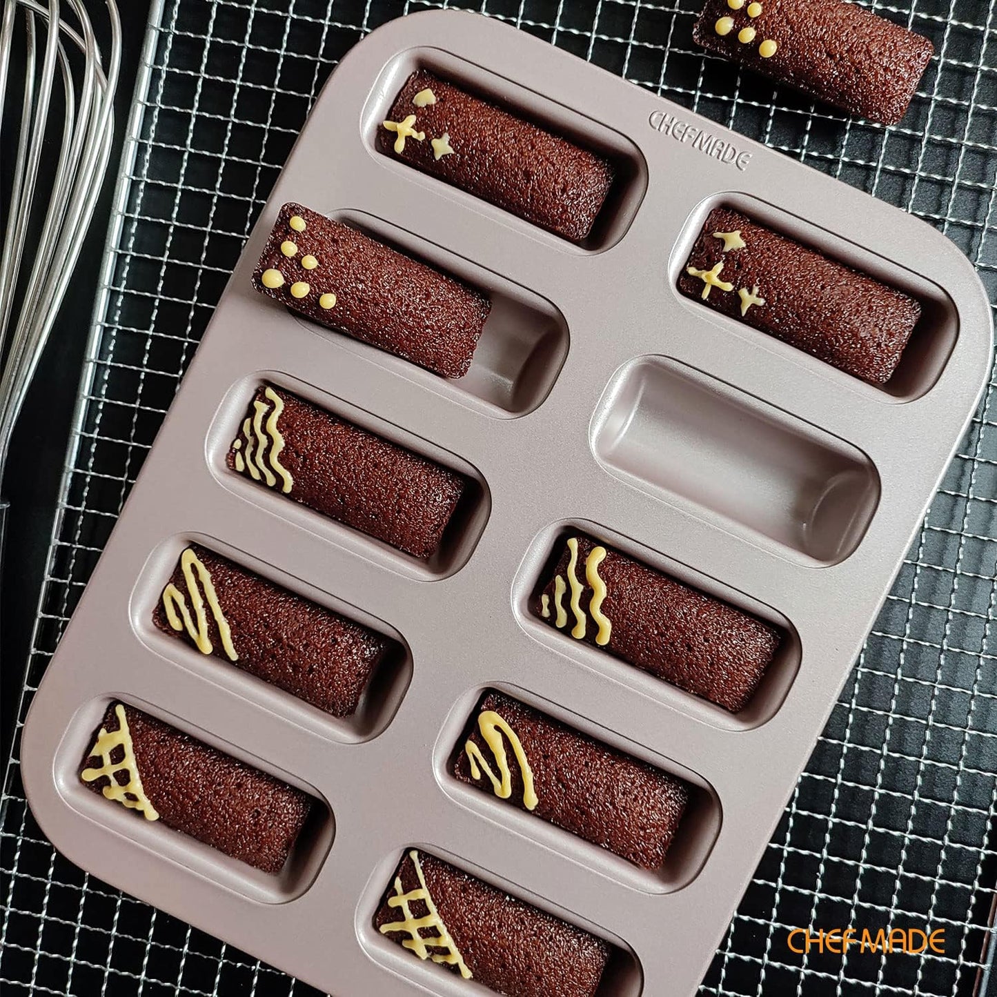 CHEFMADE Financier Cake Pan, 10-Cavity Non-Stick Rectangle Muffin Pan Biscuits Cookies Bakeware for Oven Baking (Champagne Gold) - Culinary Roots