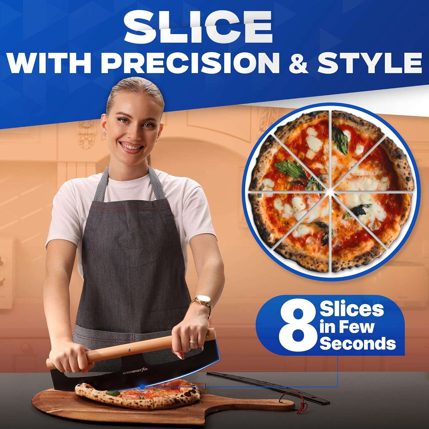 KitchenStar 16-Inch Pizza Cutter Rocker Blade - Razor Sharp Stainless Steel Slicer Knife, Stylish Beech Wood Handle, Protective Cover - Professional Pizza Oven Accessories, Black - Culinary Roots