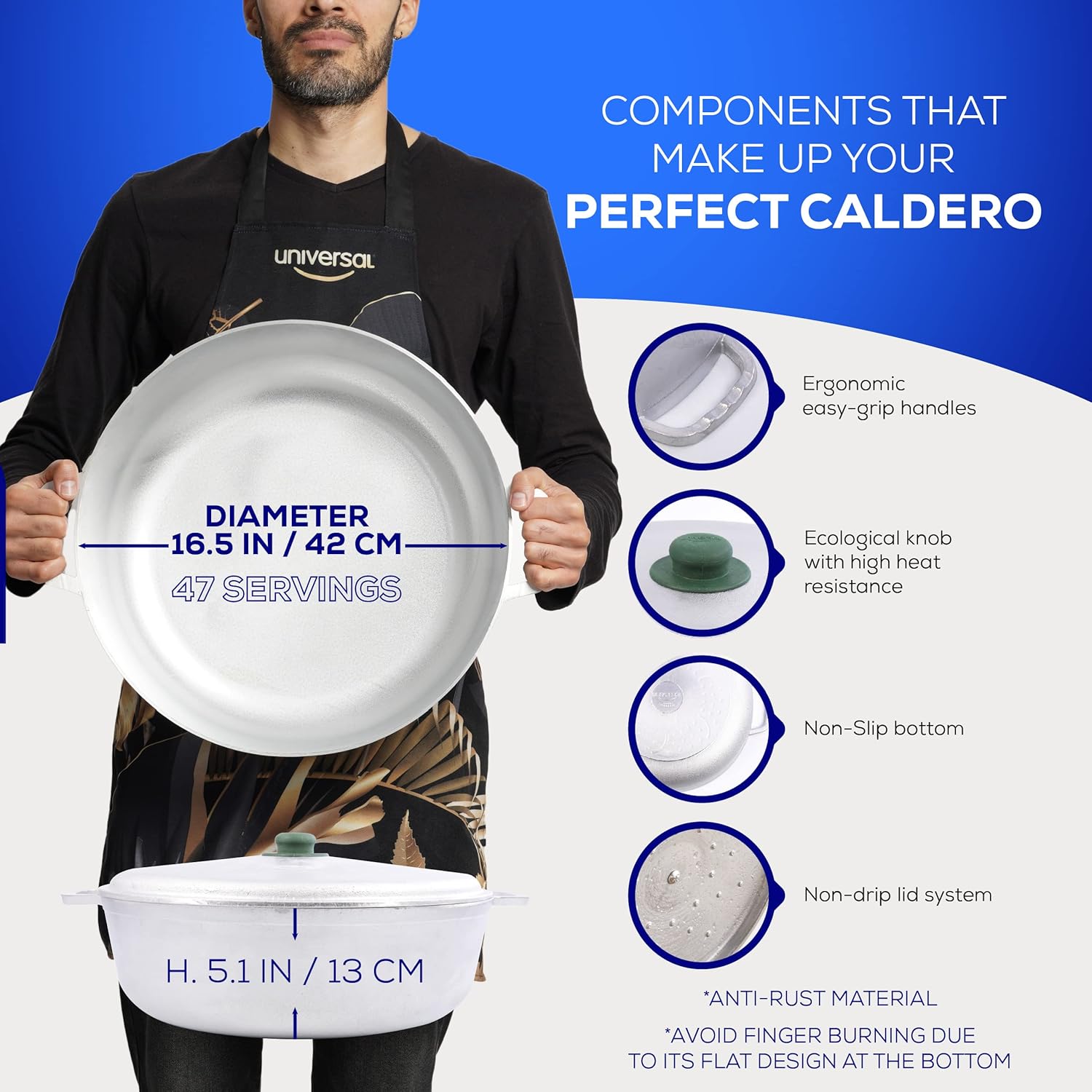 Universal (Professional Large) Caldero 47 Cups - 17 QT / 16 L, Stainless Aluminum Pot, Even Heat Distribution and Fast Cooking Dutch Oven Pot, Ergonomic Handles, Ideal for Rice, and French Fries - Culinary Roots