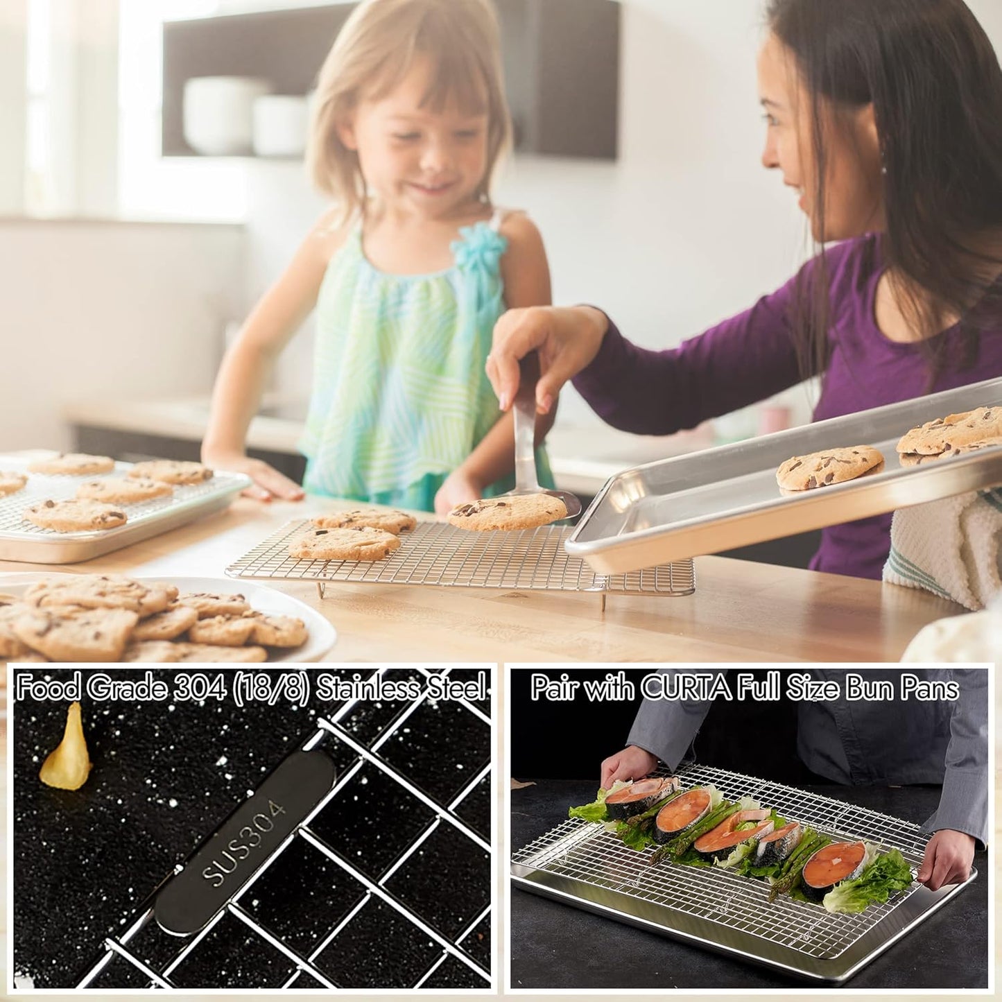 CURTA 2 Pack Chef Cooling Rack,NSF Listed 18/8 Stainless Steel Oven Safe Grid Wire Cookie Cooling Racks for Baking & Cooking - 16.8" X 24.4" Commercial Grade comes with Lifting Handle … - Culinary Roots