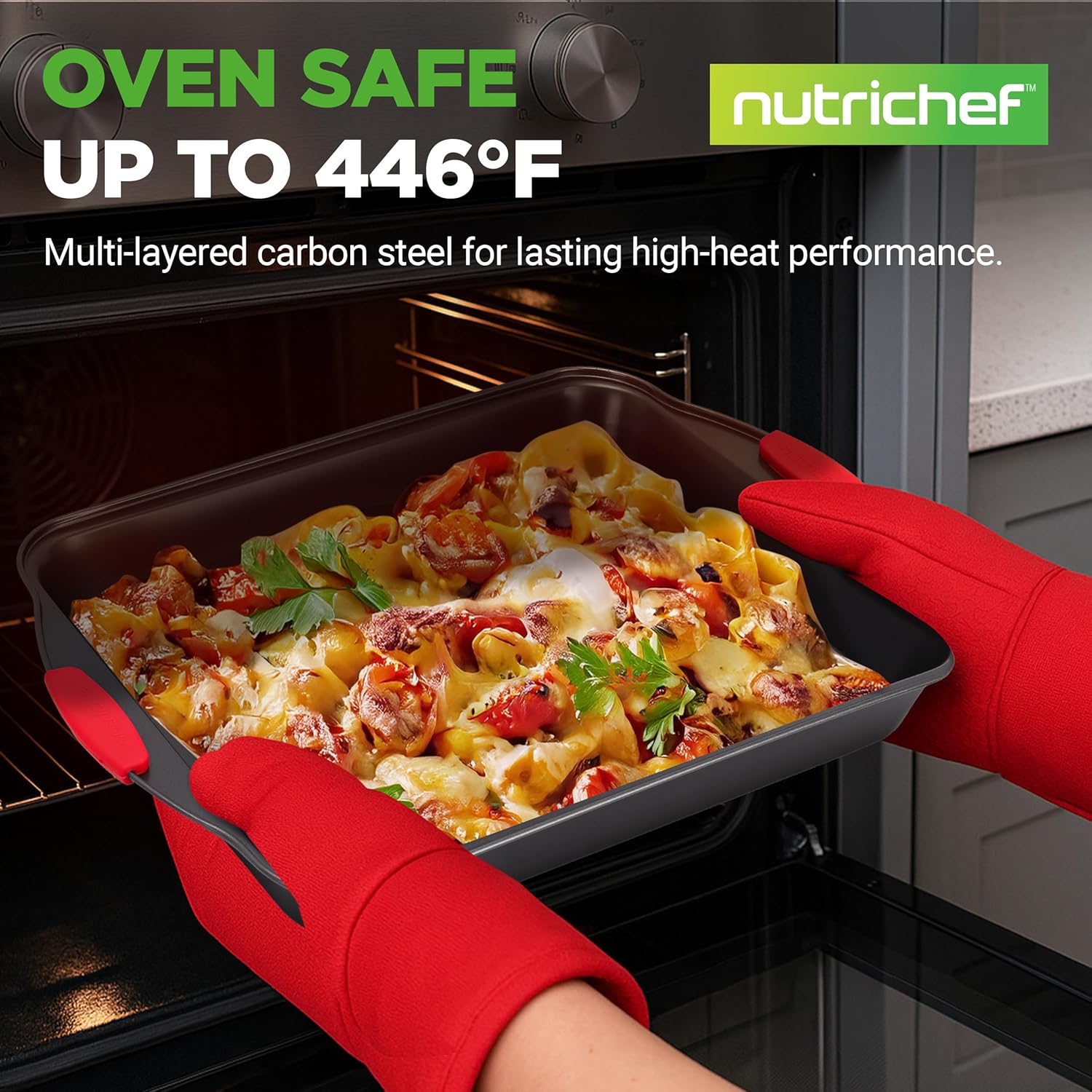 NutriChef Non-Stick Kitchen Oven Baking Pans-Deluxe & Stylish Nonstick Gray Coating Inside Outside, Commercial Grade Restaurant Quality Metal Bakeware with Red Silicone Handles NCSBS8S, 8 Piece Set - Culinary Roots