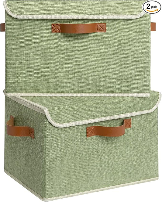 GRANNY SAYS Fabric Storage Bins with Lids, Decorative Storage Boxes with PU Handles, Keepsake Memory box, Shelf Baskets for Closet, Sage Green, Large, 2-Pack