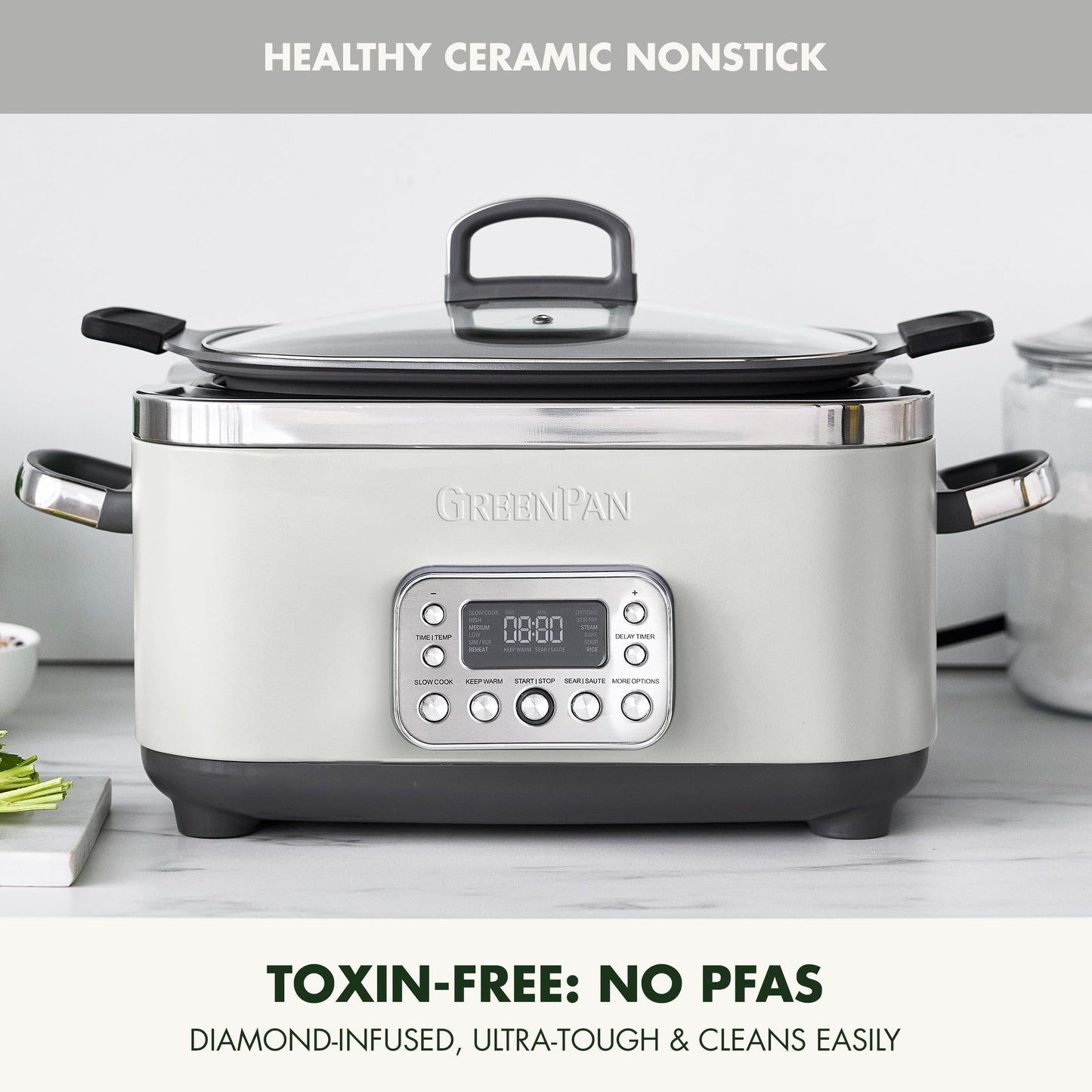 Elite 14-in-1 Nonstick 6QT Electric Slow Cooker, PFAS-Free Ceramic Multi-Cooker, In-Pot Browning, Dishwasher Safe Lid & Removable Crock, Stainless Steel Steamer, Silicone Handles, White
