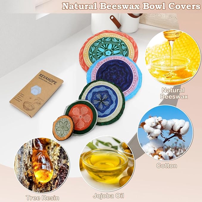 5-Size Reusable Beeswax Bowl Covers for Bread Proofing, Cotton Cloth Flexible Beeswax Wraps for Food Storage(Colorful Concentric Circle)