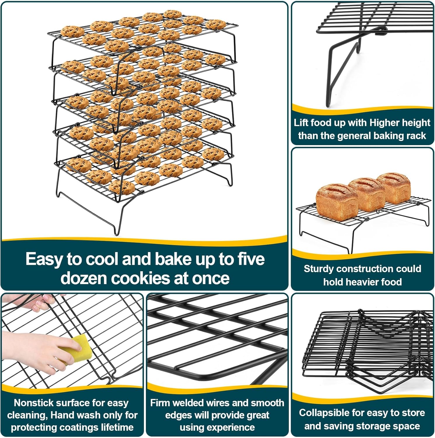 P&P CHEF Cooling Rack, 5-Tier Stainless Steel Stackable Baking Cooking Racks for Cooling Roasting Grilling, Collapsible & Heavy Duty, Oven Safe & Easy Clean, 15" x 10", Black - Culinary Roots