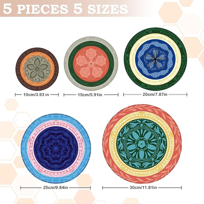 5-Size Reusable Beeswax Bowl Covers for Bread Proofing, Cotton Cloth Flexible Beeswax Wraps for Food Storage(Colorful Concentric Circle)