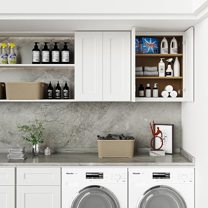Solid Wood Laundry Room Wall Cabinets, 24 Inch Wide 12" Deep Large Hanging Storage Cabinets, RTA Medicine Organizer with 2 Shaker Doors, Easy Assembly for Kitchen, Bathroom - White