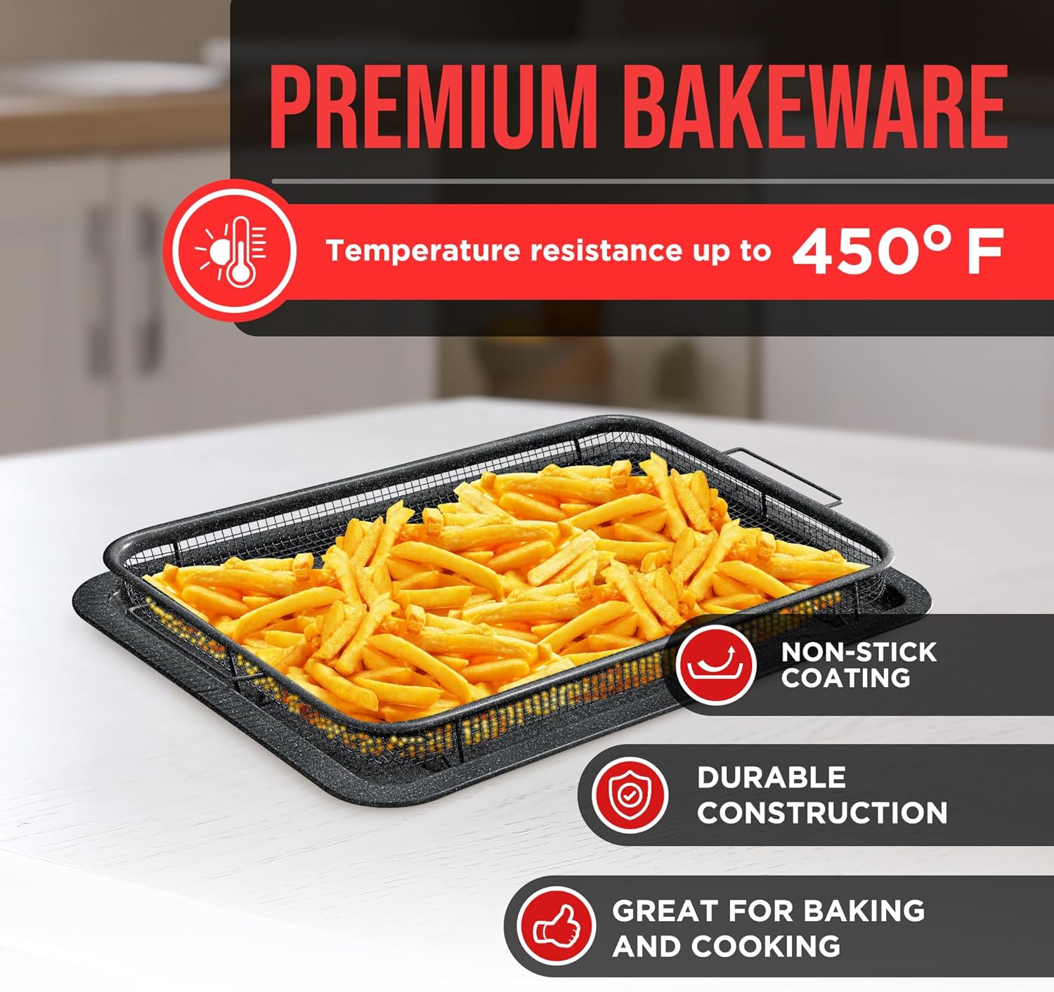 Crisper Tray Gray marble Coating - 2-Piece Set, Non-Stick Basket Design for Healthier Cooking in Regular Ovens - Make Great Crispy Food, Bacon and More, Extra Large Size 19" x 13" - Culinary Roots