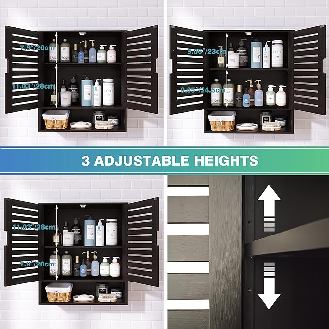 SMIBUY Bathroom Cabinet Wall Mounted, Bamboo Over-The-Toilet Storage Organizer, Space Saver Medicine Cabinet with 2 Door and Adjustable Shelves (Black)