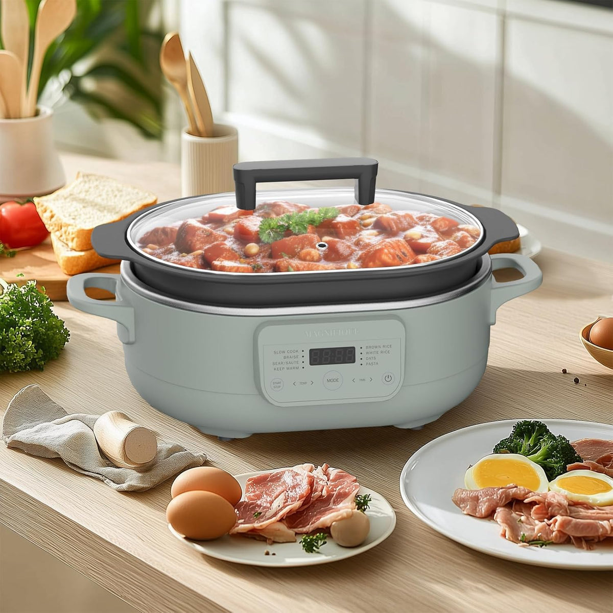 6 Quart Slow Cooker, with 8-in-1 Multi-Cooker, Casserole Programmable crock pot, Dutch Oven, Pasta, Nonstick, Oven Safe Pot to 500°F, Olive - Culinary Roots