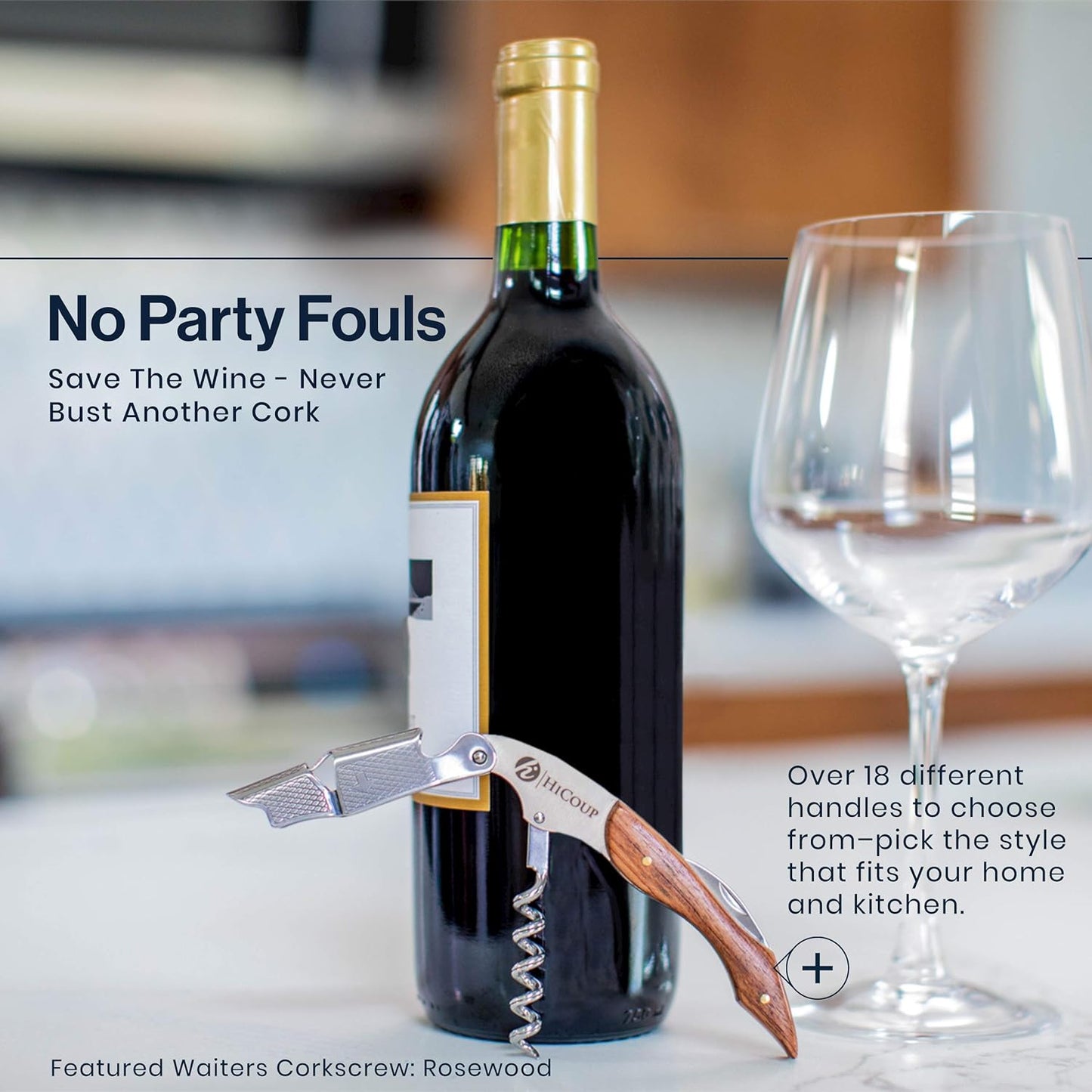 HiCoup Kitchenware Wine Opener - Professional Corkscrews for Wine Bottles w/Foil Cutter and Cap Remover - Manual Wine Key for Servers, Waiters, Bartenders and Home Use - Classic Rosewood