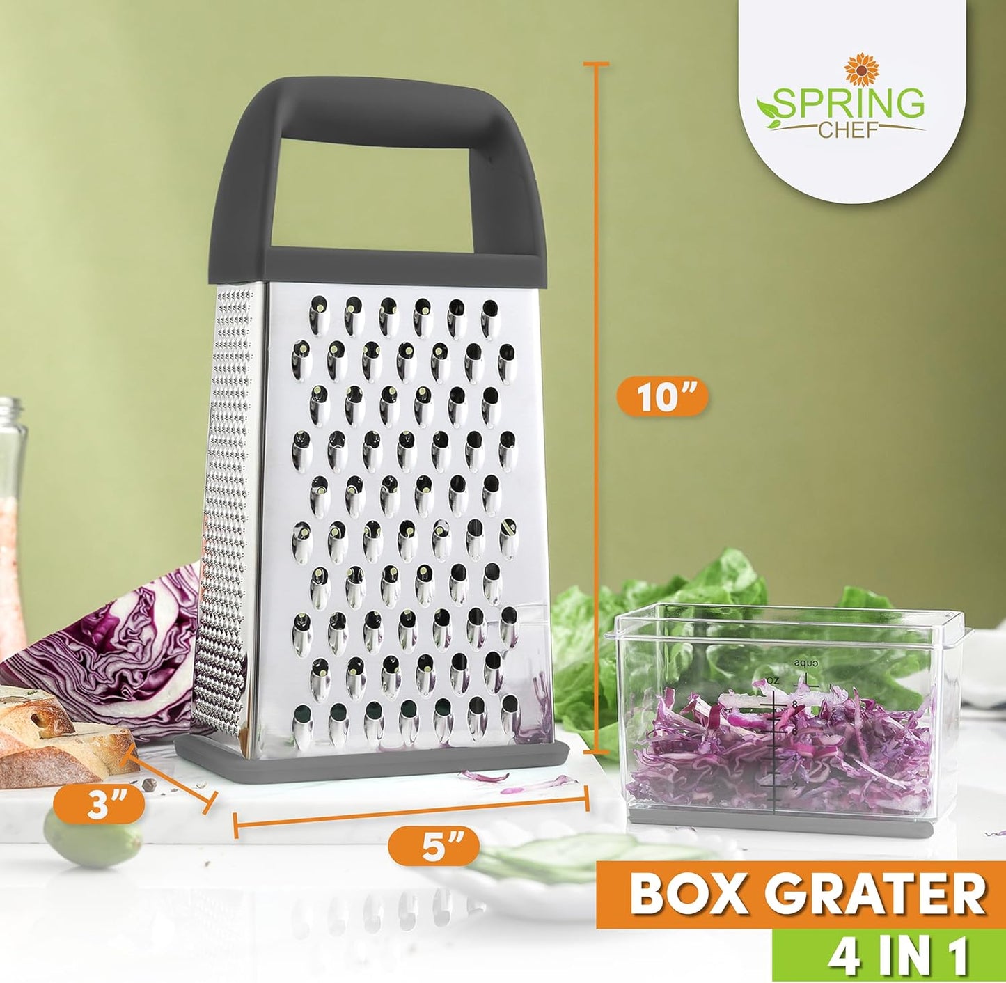 Spring Chef Professional Gray 10" Parmesan Cheese Grater With Container, Stainless Steel & Soft Grip Handle, 4 Sided Kitchen Carrot Shredder, Handheld Box Grater for Potato, Veggie, Ginger, Hashbrown - Culinary Roots