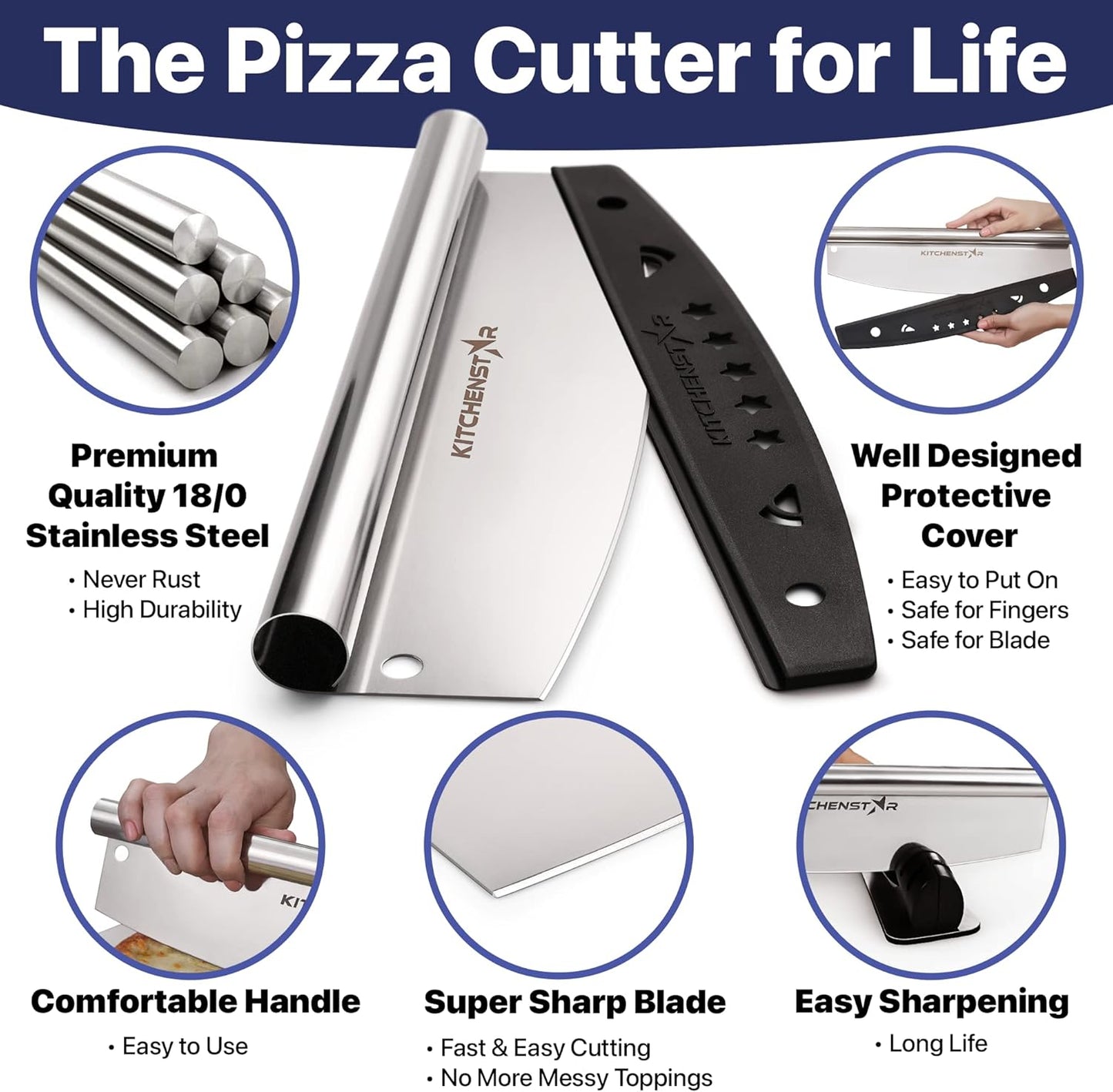 KitchenStar 14-Inch Pizza Cutter Rocker Blade - Sharp Stainless Steel Slicer Knife, Protective Cover, Dishwasher Safe, Large - Professional Pizza Oven Accessories - Culinary Roots