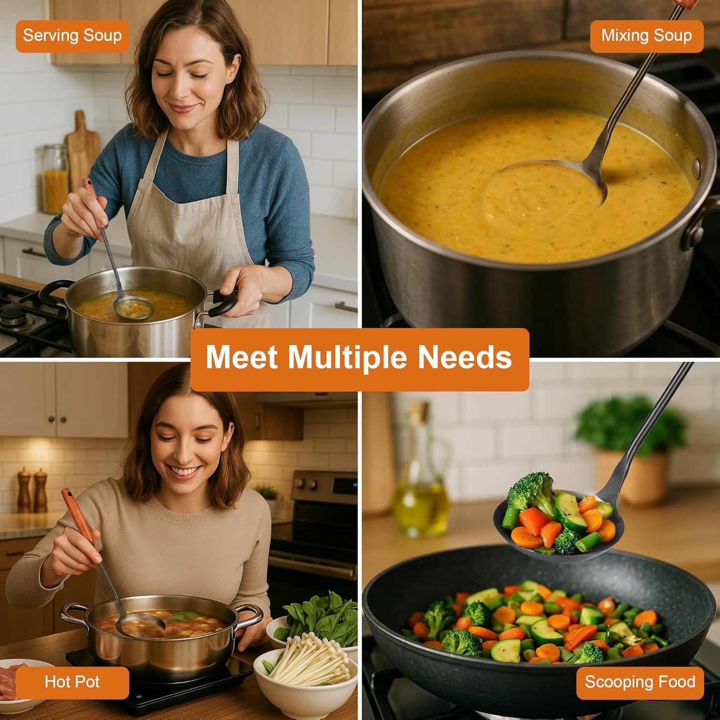 FJNATINH Soup Ladle, Food Grade 304 Stainless Steel Ladle, Large Metal Ladel Kitchen Cooking Soup Spoon Tools with Heat Resistant Wooden Handle, Integral Forming 13.8 Inches - Culinary Roots