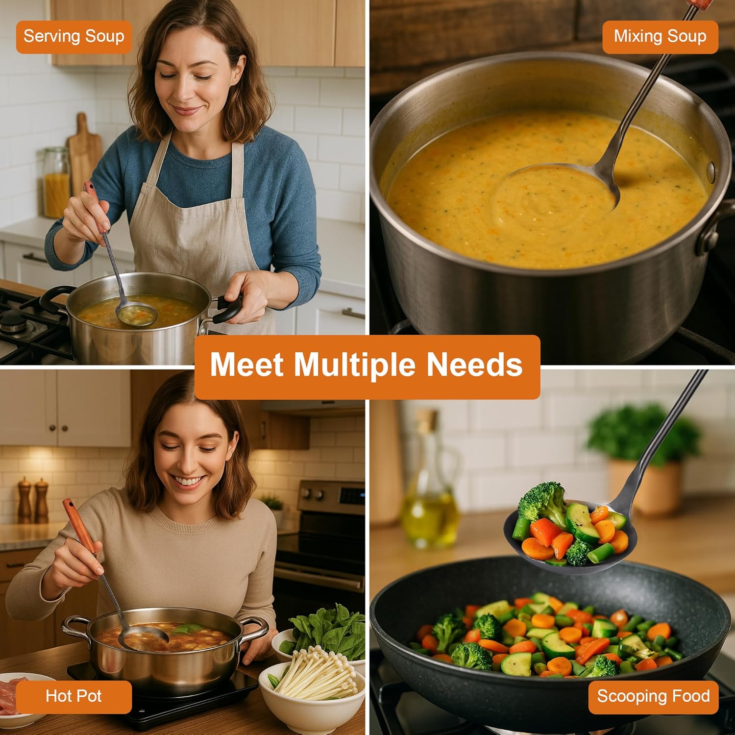 FJNATINH Soup Ladle, Food Grade 304 Stainless Steel Ladle, Large Metal Ladel Kitchen Cooking Soup Spoon Tools with Heat Resistant Wooden Handle, Integral Forming 13.8 Inches - Culinary Roots