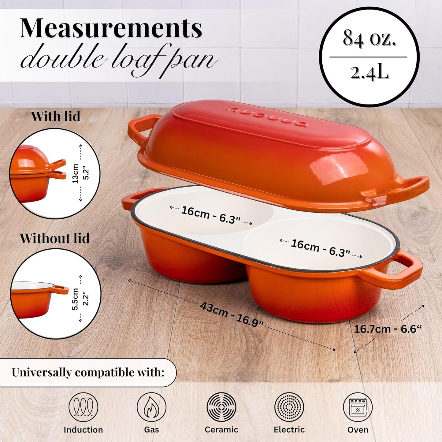 nuovva Dutch Oven For Sourdough Bread Baking – Enamelled Cast Iron Bread Loaf Pot – 500°F Oven Safe Non Stick Bread Pot – Double Round Loaf Space, 16.5cm Diameter, Orange - Culinary Roots