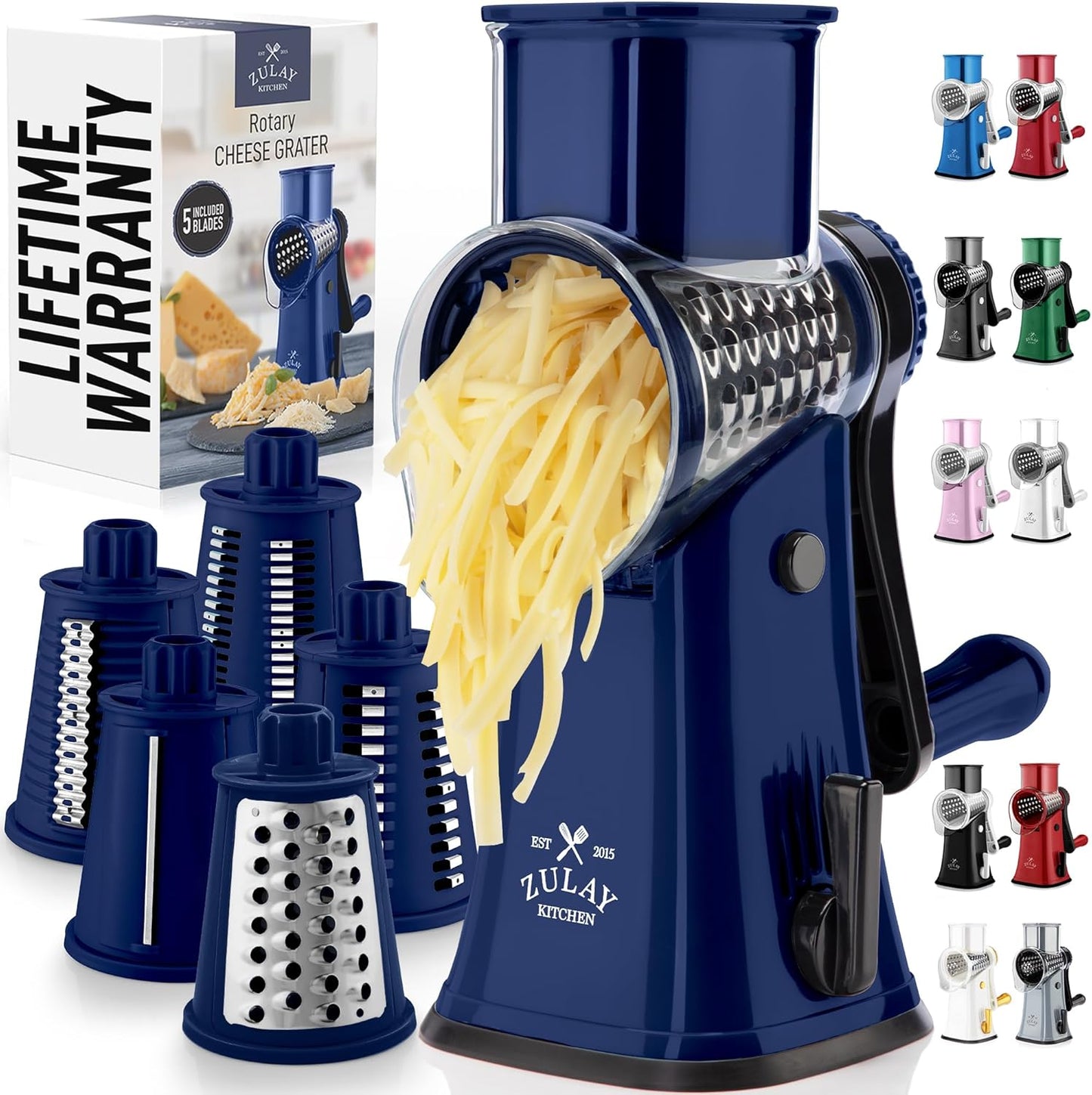 Zulay Kitchen Rotary Cheese Grater 5 Blade Cheese Shredder - Manual Hand Crank Cheese Grater With Reinforced Suction & 5 Interchangeable Drums - Easy to Use, Vegetable Chopper Round Mandoline Slicer - Culinary Roots