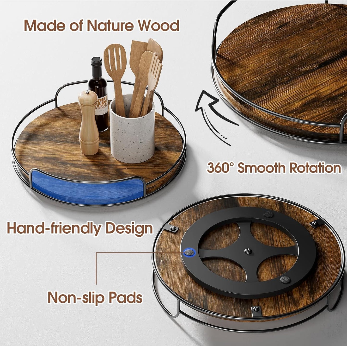 LAMU Lazy Susan Organizer, 9'' Lazy Susan Turntable for Cabinet, Table Top, Kitchen, Countertop, Bathroom, Pantry, Spice Organization, Wooden,1 Pack