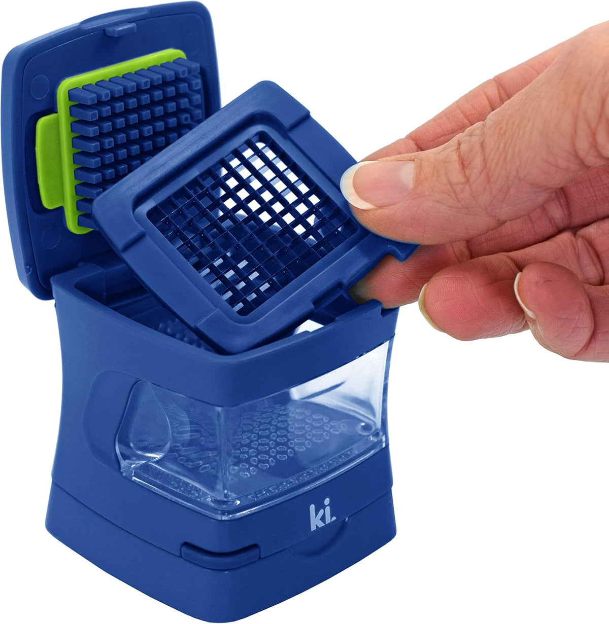 Garlic-A-Peel Garlic Press, Crusher, Cutter, Mincer, and Storage Container - Includes Silicone Garlic Peeler - Easy to Clean - Stainless Steel Blades – (Blue), standard - Culinary Roots