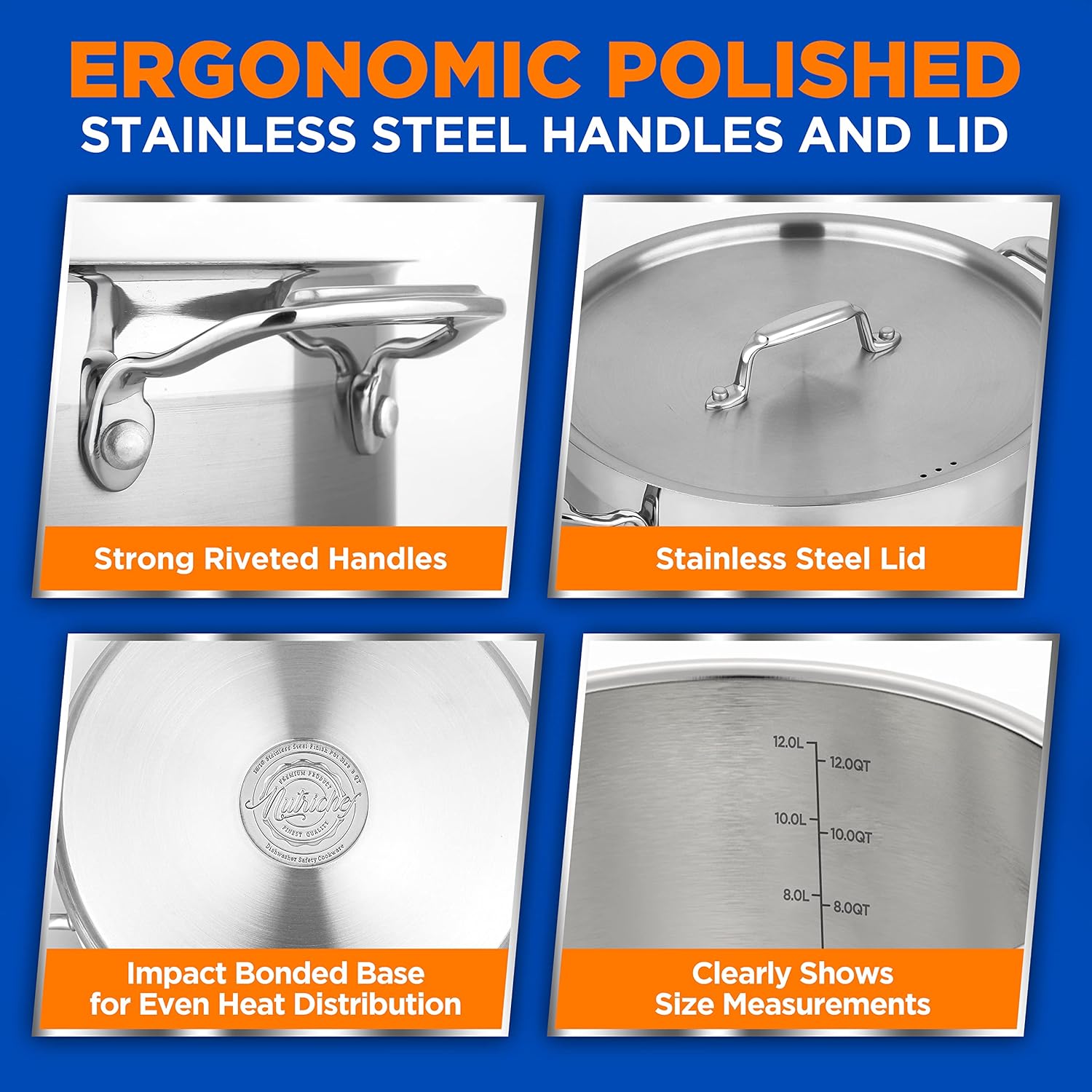 NutriChef 12-Quart Stainless Steel Stockpot with Stainless Steel Lid - 18/8 Food Grade Heavy Duty Large Stock Pot for Stew & Soup, Works w/Induction - Culinary Roots