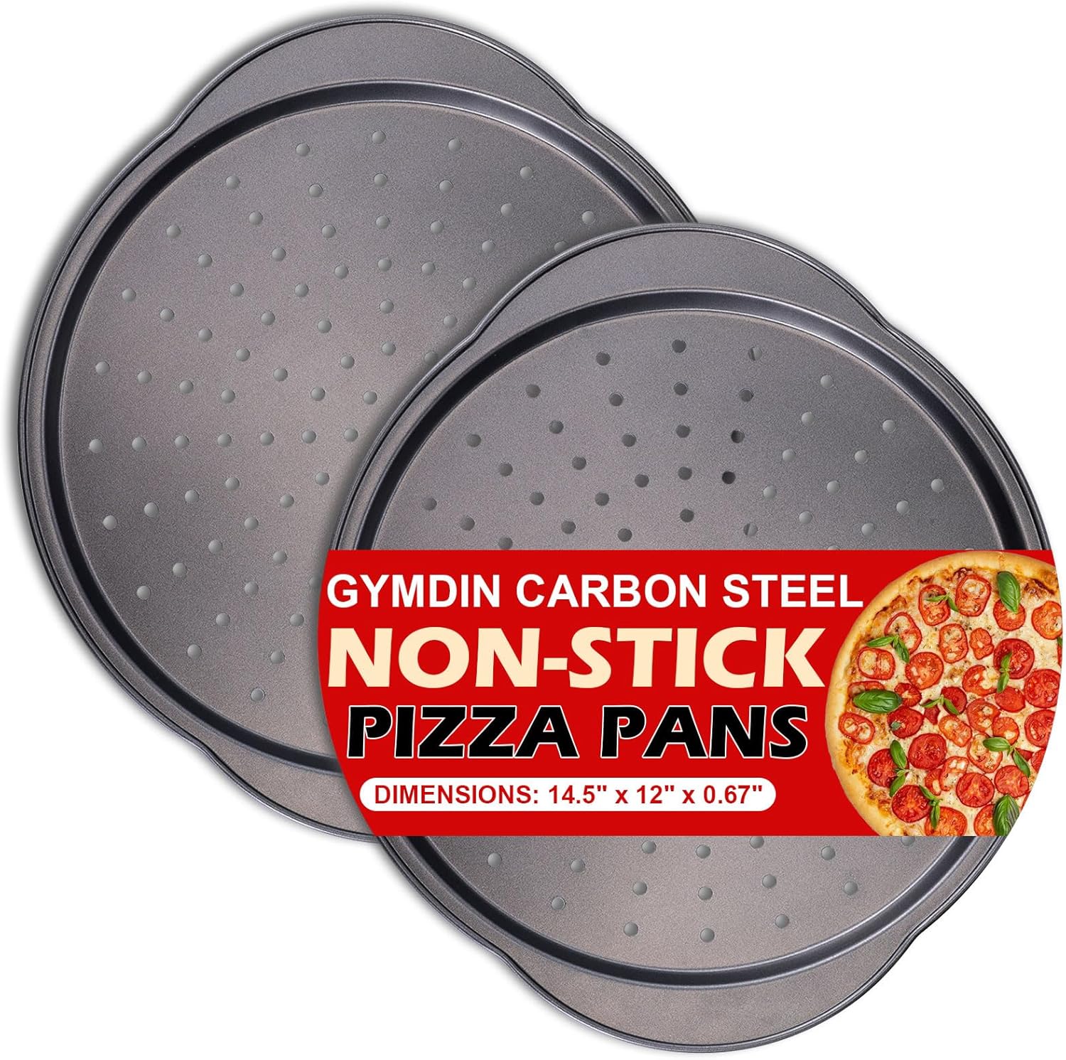 Pizza Pan for Oven - 13" Round Pizza Pans with Holes(2 Pack), Non-stick Carbon Steel Pizza Trays with Handle, Easy to Clean & Oven Safe - Culinary Roots