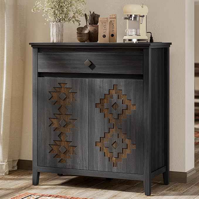 32'' Buffet Cabinet with Storage, Sideboard Cabinet with Drawer and Adjustable Shelf, Modern Accent Storage for Kitchen, Living Room, Entryway, Black