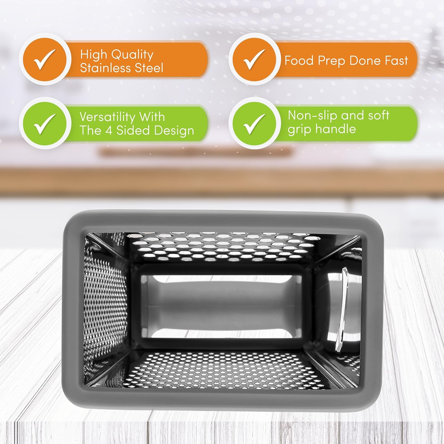 Spring Chef Professional Gray 10" Parmesan Cheese Grater With Container, Stainless Steel & Soft Grip Handle, 4 Sided Kitchen Carrot Shredder, Handheld Box Grater for Potato, Veggie, Ginger, Hashbrown - Culinary Roots