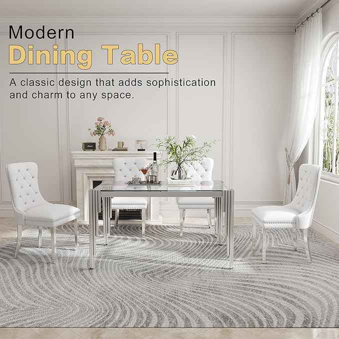 51'' Modern Glass Dining Table for 4 People,Tempered Glass Top Dining Room Table with Stainless Steel Base, Glass and Silver Dining Table for 4, Rectangle Dining Kitchen Table for Dinner