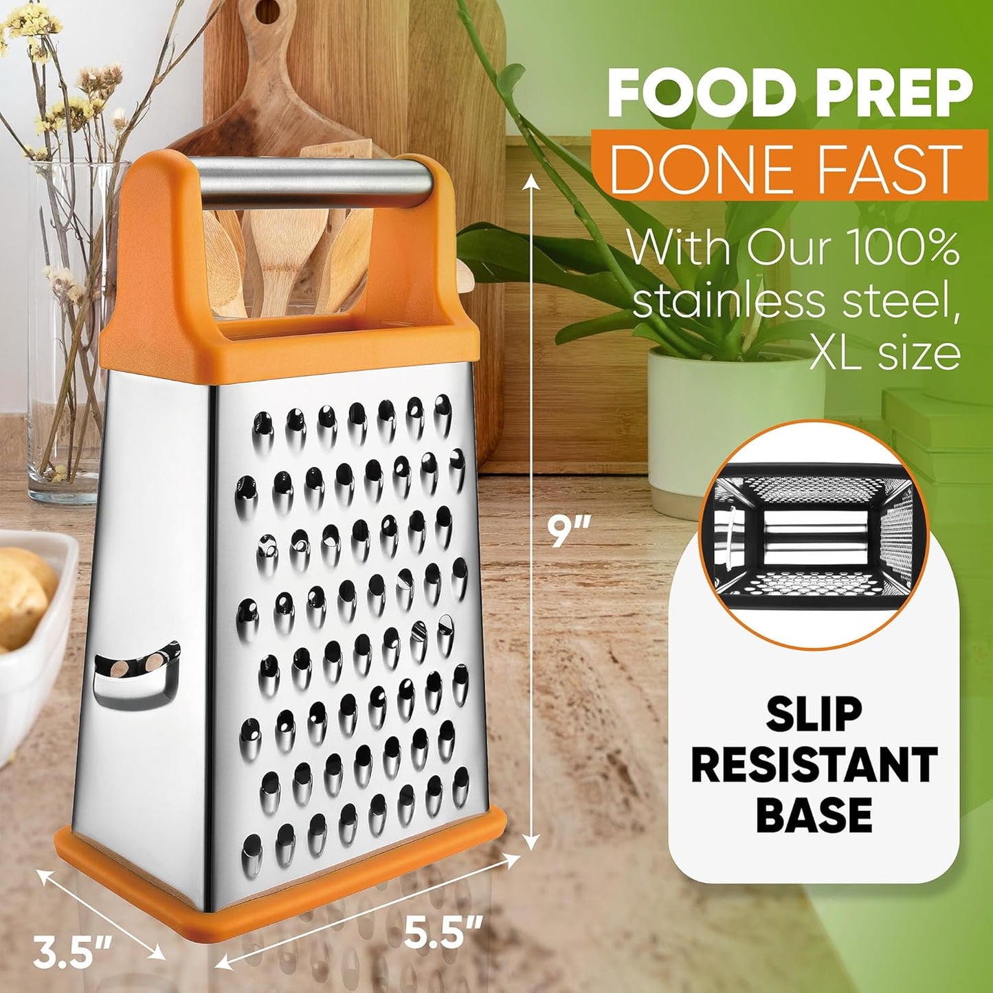 Spring Chef Handheld Stainless Steel XL Parmesan Cheese Grater with Handle - 4 Sided Manual Box Grater for Kitchen - Dishwasher Safe Cheese Shredder for Carrot, Potato, Vegetables, Hash Brown - Mango - Culinary Roots