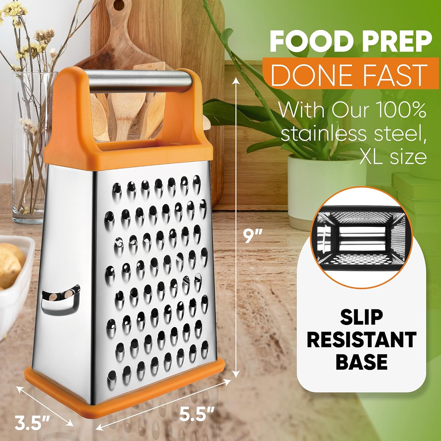 Spring Chef Handheld Stainless Steel XL Parmesan Cheese Grater with Handle - 4 Sided Manual Box Grater for Kitchen - Dishwasher Safe Cheese Shredder for Carrot, Potato, Vegetables, Hash Brown - Mango - Culinary Roots