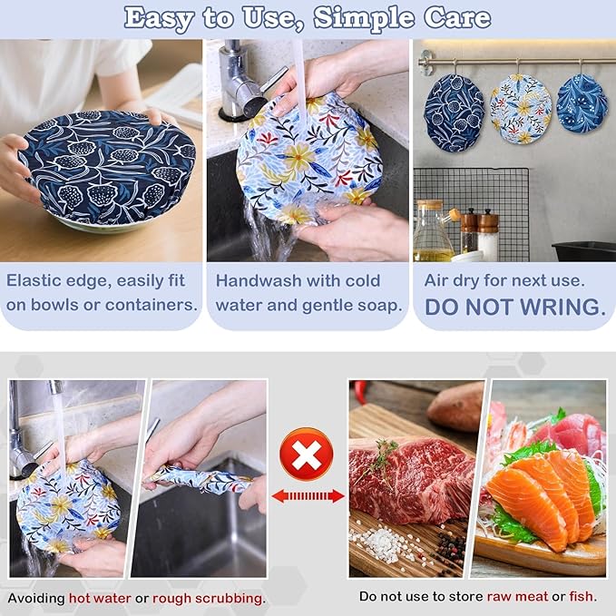 5-Size Reusable Beeswax Bowl Covers for Bread Proofing, Cotton Cloth Flexible Beeswax Wraps for Food Storage(Blue Floral)