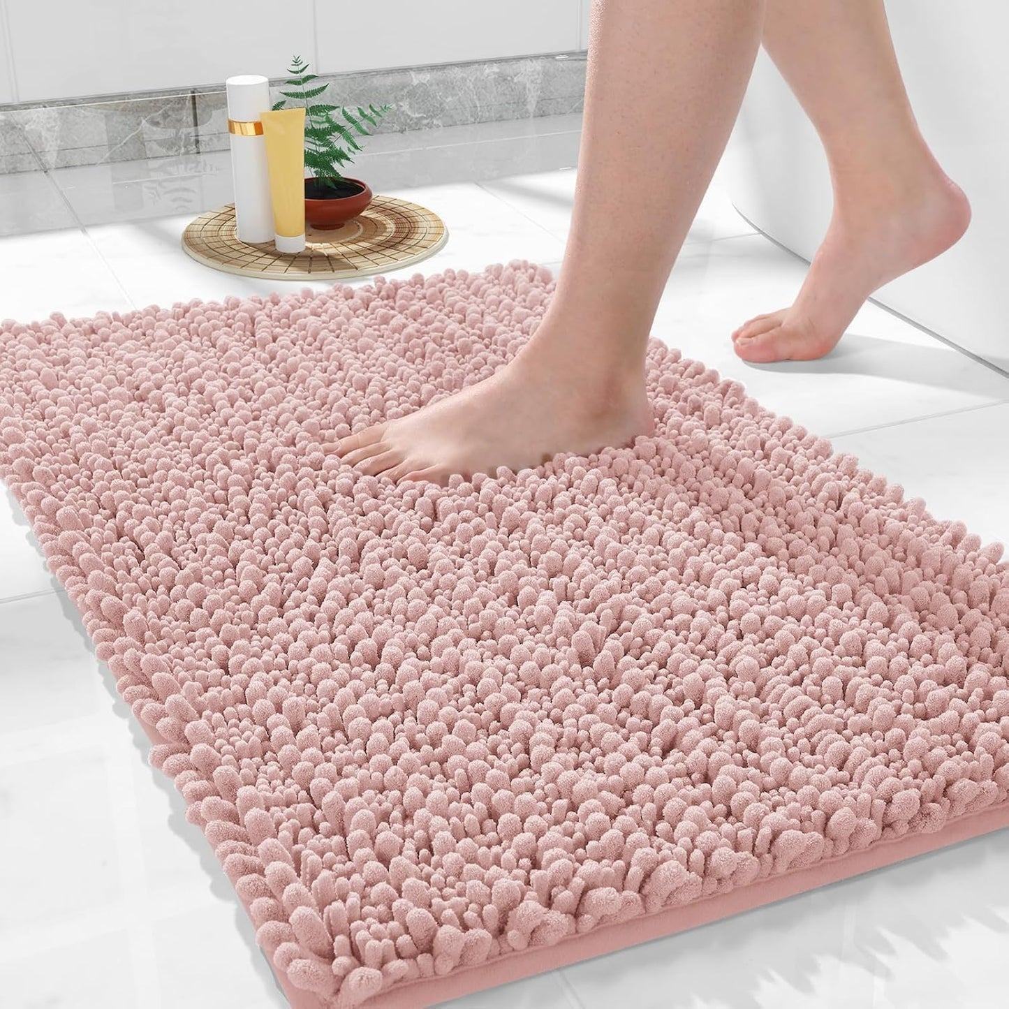 Yimobra Bathroom Rugs Non Slip Washable 24x17 Inch - Ultra Soft Absorbent Chenille Bath Mat, Quick Dry Shaggy Floor Carpet for Tub Shower, Light Pink Home Decor Accessories