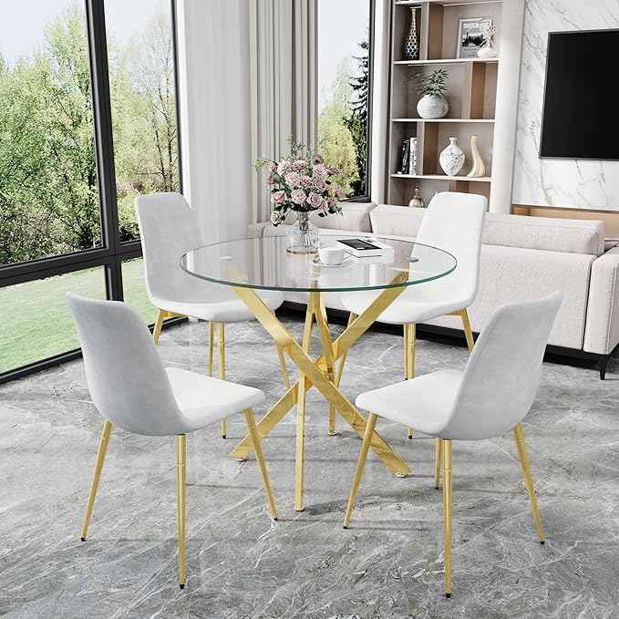 AF ARTISAN FURNITURE 36" Round Glass Dining Table Set for 4, 5-Piece Modern Kitchen Table with 4 White Velvet Chairs, Modern Circle Leisure Table for Home Office Dining Room Small Spaces (Gold Leg)